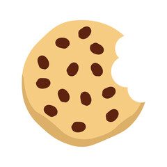 Bitten chocolate chip cookie icon. Delicious biscuit in flat style. Dessert bite with crumbs and chocolate sweetness. Cookie symbol. Simple vector illustration isolated on white background.