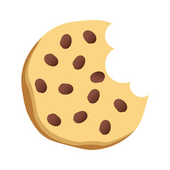 Bitten chocolate chip cookie icon. Delicious biscuit in flat style. Dessert bite with crumbs and chocolate sweetness. Cookie symbol. Simple vector illustration isolated on white background.