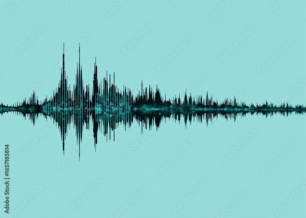 Poster a striking digital sound wave visualization, featuring an abstract waveform in dark teal on a bright