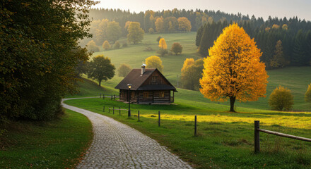 Rustic Log Cabin with Yellow Tree on Green Hillside in Autumn