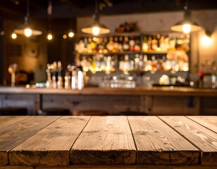 Wooden bar counter top, blurred pub interior