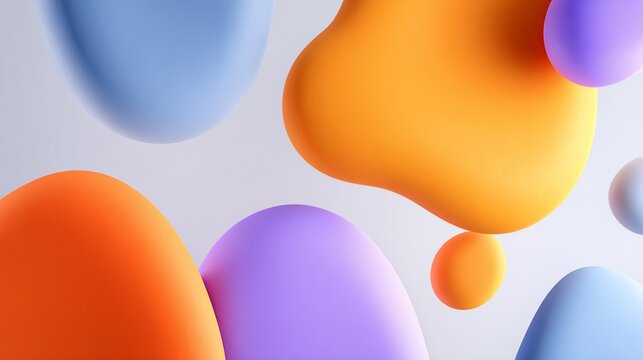 Abstract floating blobs of orange, blue and purple on soft gray background