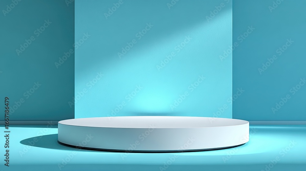Poster presentation platform shines on blue surface under light, showcasing empty space