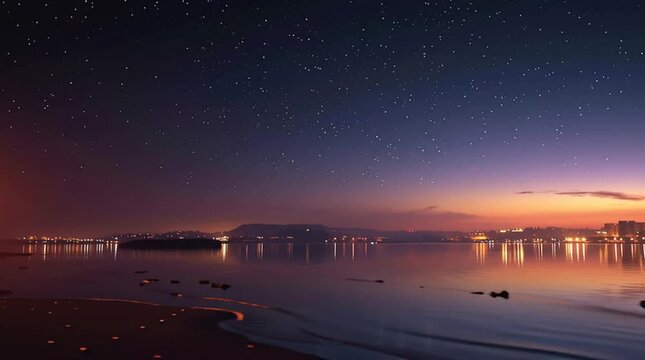 
A photorealistic timelapse of gentle waves in a small city harbor at night, stars sparkling vividly above, the lights of the city muted and far in the distance