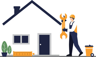 Home repair service worker holding wrench with house and tools vector illustration 