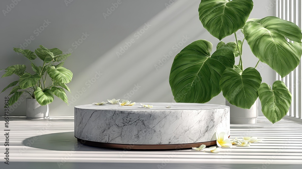 Aufkleber marble pedestal with branch and green leaves in studio setting under natural light and tree shadow p