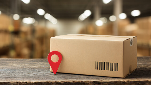 Cardboard parcel with a red location pin on a wooden counter in a warehouse. A traceable shipping concept communicating transparency customer confidence and reliable last mile service.
