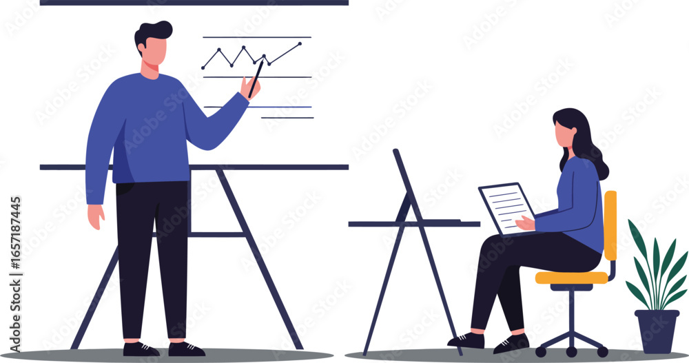 Poster business presentation with man pointing at chart and woman working on laptop in office setting vecto