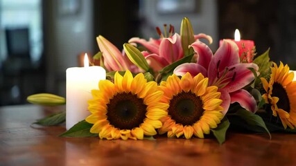 Lit candles and vibrant sunflowers and lilies arranged on a wooden table - Powered by Adobe