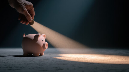 Hand placing coin into piggy bank, illuminated by beam of light, symbolizes saving and financial growth. scene evokes sense of hope and future planning