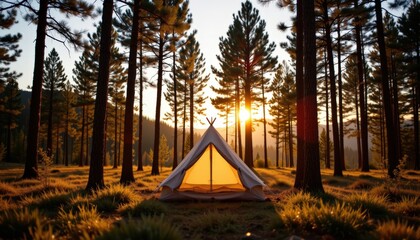 Sunrise Serenity with Tent and Pine Forest