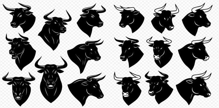 A collection of black bull head illustrations, icons, and silhouettes depicted from various angles for logos or mascots.