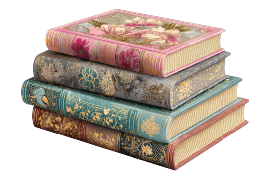 Stack of vintage books with floral designs