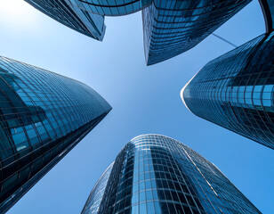 Looking up at modern glass skyscrapers with reflective windows against a clear blue sky, showing contemporary urban architecture and business.