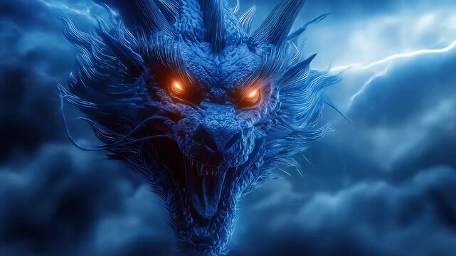 A powerful, mythical dragon's head emerges from a stormy sky, illuminated by vibrant lightning.