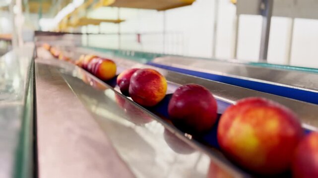 Nectarines moving on a conveyor belt scale in a fruit sorting facility, being weighed for quality control before packaging and shipment to clients.
