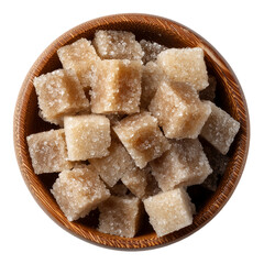 Brown sugar cubes in wooden bowl sweet crystals food ingredient closeup view isolated on transparent background, png