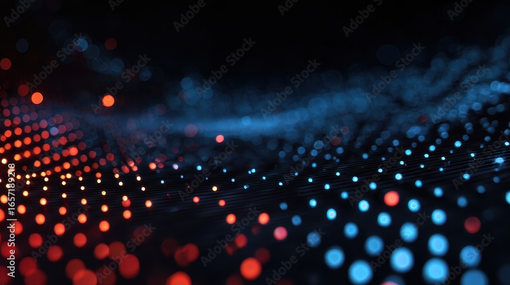 Poster dynamic abstract particles flowing with red and blue lights on a dark background
