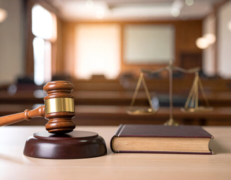 Gavel, law book, and scales of justice on a wooden table in a courtroom. Symbolizing legal proceedings, fairness, and the pursuit of justice.