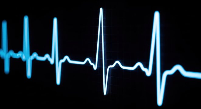 Close-up of a bright-blue EKG tracing on a dark screen