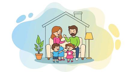 A happy family illustration standing together in their home, symbolizing comfort, security, and domestic well-being. Ideal for lifestyle, real estate, or family concept designs.