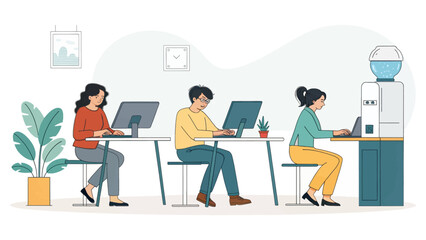 Diverse team members collaborate efficiently in a modern office workspace, showcasing productivity and professional teamwork for business and corporate themes.