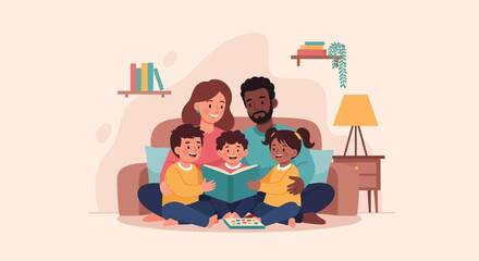 Happy diverse family reading a book together at home, symbolizing love, learning, and bonding. Ideal for parenting, education, or lifestyle content.