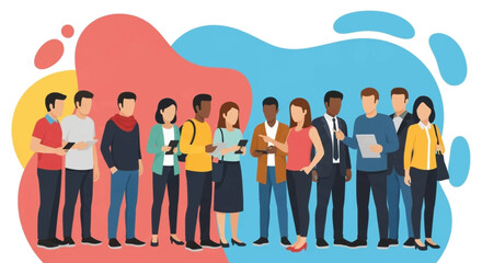 Diverse group of people engaging with digital devices, representing modern communication, social networking, or audience segmentation. Ideal for business, technology, lifestyle.