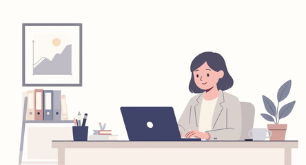 A professional woman works happily on her laptop in a bright, modern office, symbolizing productivity, remote work, and career success.