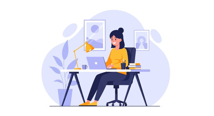 Happy woman working remotely on laptop at her home office desk. Ideal for concepts of productivity, freelance, online education, or modern business lifestyle.