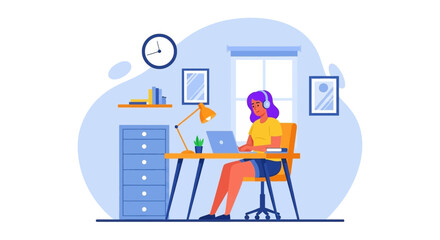 Productive woman in headphones working remotely on her laptop in a comfortable home office. Ideal for concepts of online education, freelancing, or hybrid work.