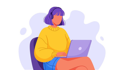 Person with purple hair wearing headphones, using a laptop. Depicts remote work, online learning, or digital lifestyle, ideal for productivity and technology concepts.