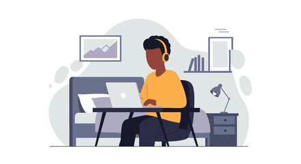 Person working remotely from a cozy home office setup with a laptop and headphones, ideal for remote work, online learning, or digital lifestyle concepts.