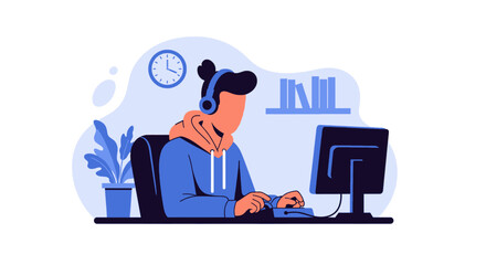 Focused person in headphones working on computer at desk, ideal for remote work, online learning, customer support, or productivity.