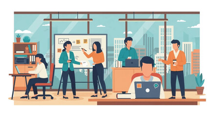 Professionals collaborate and work in a modern, dynamic office with city views, illustrating teamwork, productivity, and a thriving business environment.