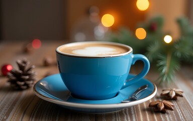 Christmas blue cup of coffee. High quality