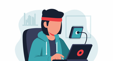 Young person in a hoodie and headband diligently working on a laptop with a smartphone connected, symbolizing remote work, digital learning, or creative productivity.