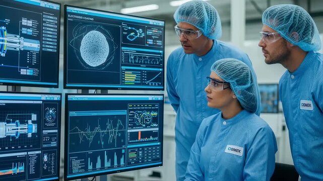 Engineers monitoring realtime data on digital screens overseeing the electrode coating phase in a stateoftheart solidstate battery plant.