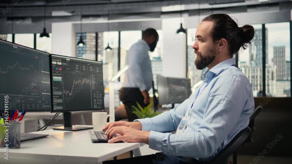 Poster close up of happy trader in prop firm workplace analyzing market data and executing trades using tra
