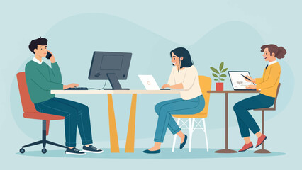 Diverse team collaborating in a modern office. Professionals engaged in various tasks, symbolizing productivity, teamwork, and business operations.