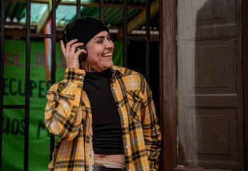 woman in yellow plaid shirt