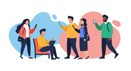 Diverse people engaged with smartphones and a laptop, illustrating digital connectivity, online communication, and modern remote work. Ideal for lifestyle, social media, and business concepts.