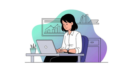 Diligent businesswoman working on a laptop at her desk, analyzing data and managing tasks. Perfect for business, productivity, or remote work concepts.