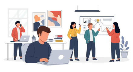 Professionals collaborate on a project in a modern office, discussing ideas and strategizing for business growth and teamwork. Ideal for corporate productivity concepts.