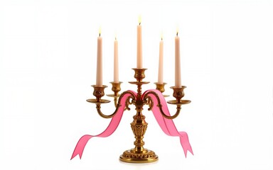 Ornate golden candelabra with pink ribbon and lit candles Isolated on transparent background. High quality