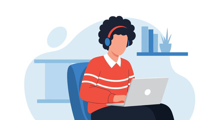 Illustration of a person with headphones focused on a laptop, symbolizing remote work, online learning, or digital communication.