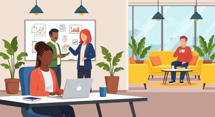 Diverse professionals collaborate in a modern office space, featuring a productive work area and a relaxing lounge. Ideal for business, teamwork, and contemporary workplace themes.