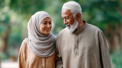 A senior couple walks through a park, their expressions filled with affection and happiness.