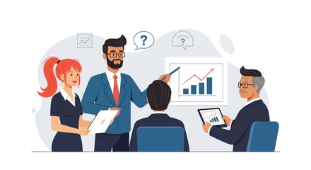 Diverse business team analyzes growth data during a meeting, discussing strategies and solutions. Represents teamwork, finance, and problem-solving.
