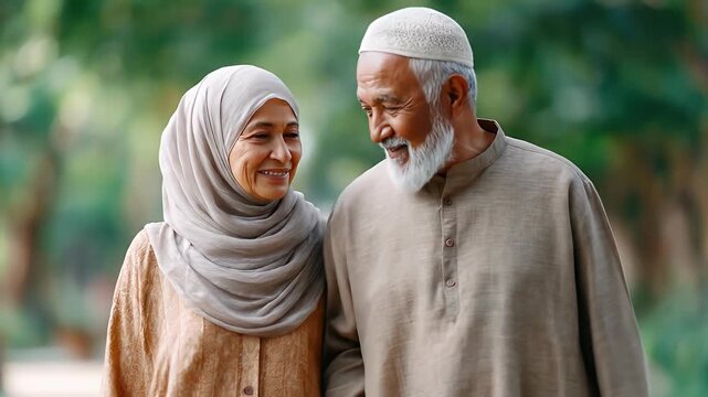 A senior couple walks through a park, their expressions filled with affection and happiness.
